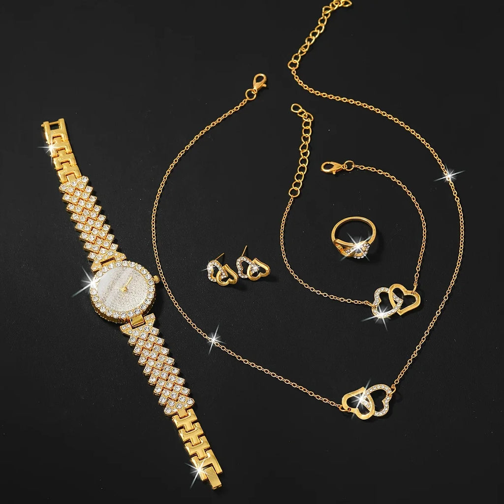 6pcs/set Women's Shiny Rhinestone Quartz Watch Analog Stainless Steel Band Wrist Watch & Heart Jewelry Set, Gift For Mom Her Qme