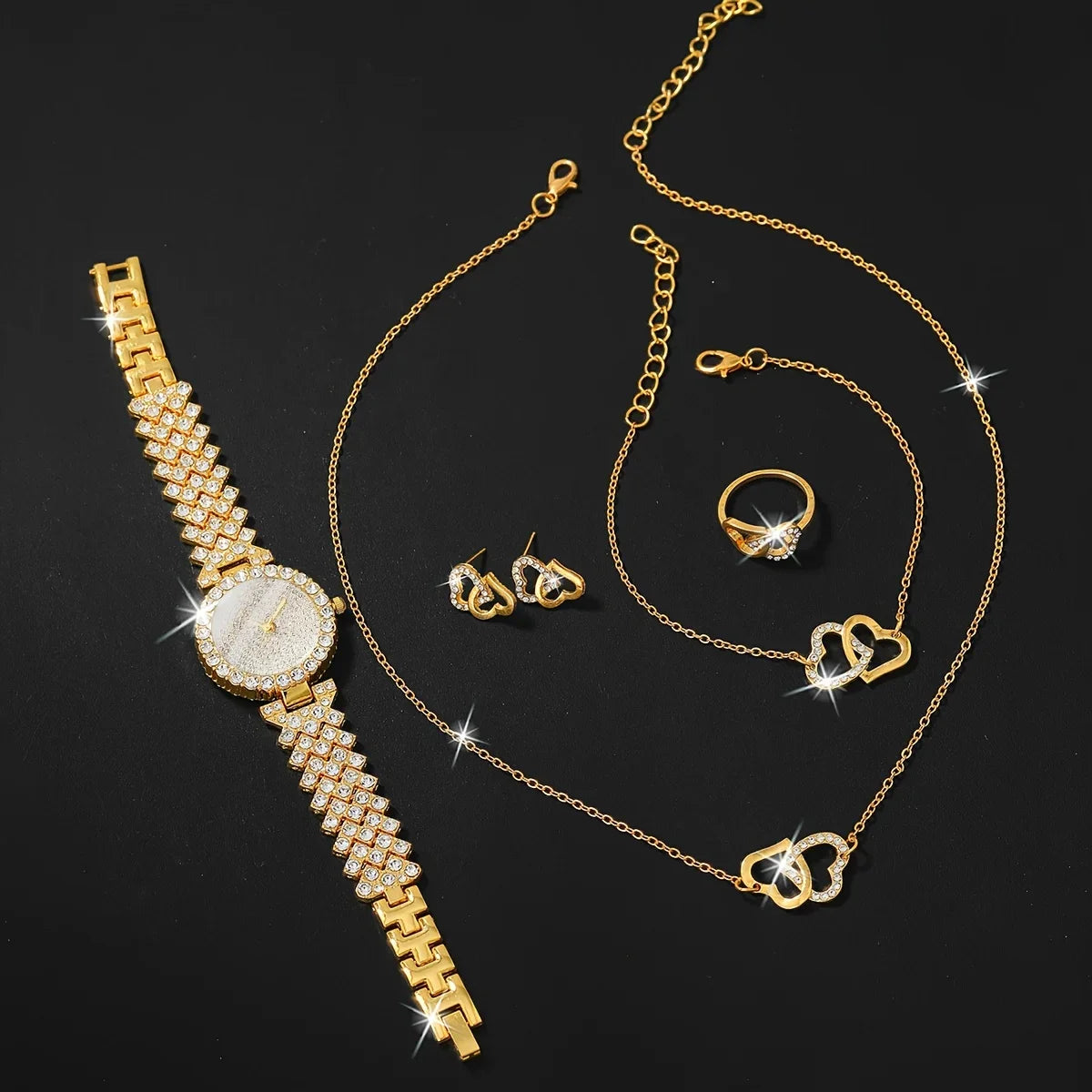 6pcs/set Women's Shiny Rhinestone Quartz Watch Analog Stainless Steel Band Wrist Watch & Heart Jewelry Set, Gift For Mom Her Qme
