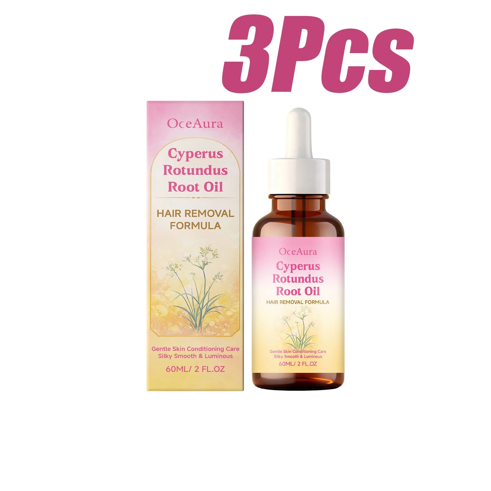 Cyperus Rotundus Root Oil for Hair Removal Smoothing Nourishing Body Skin Care Essential Oil Soothing Skin for Body Legs Arms Qme 3 x 60ml Boxed