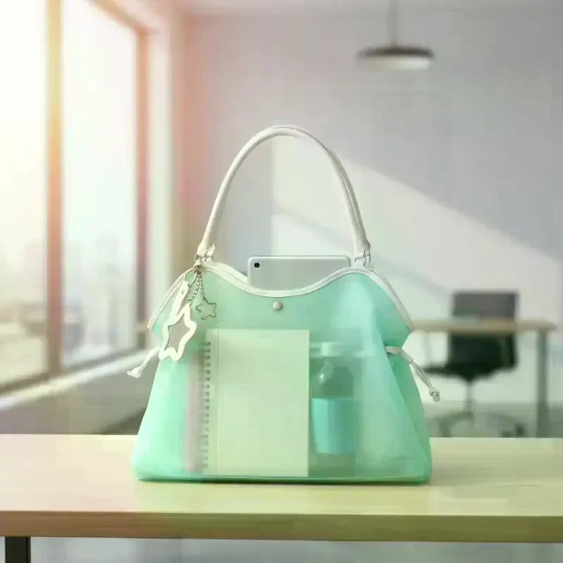 Candy Color Transparent Waterproof Pvc Handbag Fashion Large Capacity Jelly Bag Portable Shoulder Bag Trendy Storage Bags Qme