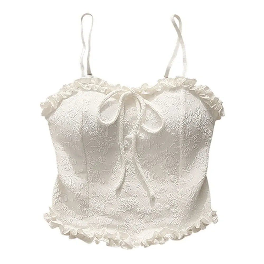 Streetwear Ruffle Sweet Crop Slim Fit Bowknot Women's Camisole Summer Qme White One Size