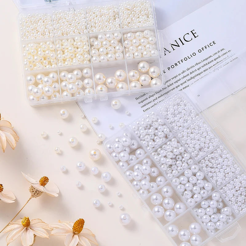 1200Pcs Resin Pearl Beads Kit 5 Sizes Round Small Pearl Filler Beads with Hole for DIY Craft Necklaces Earrings Bracelets Making Qme