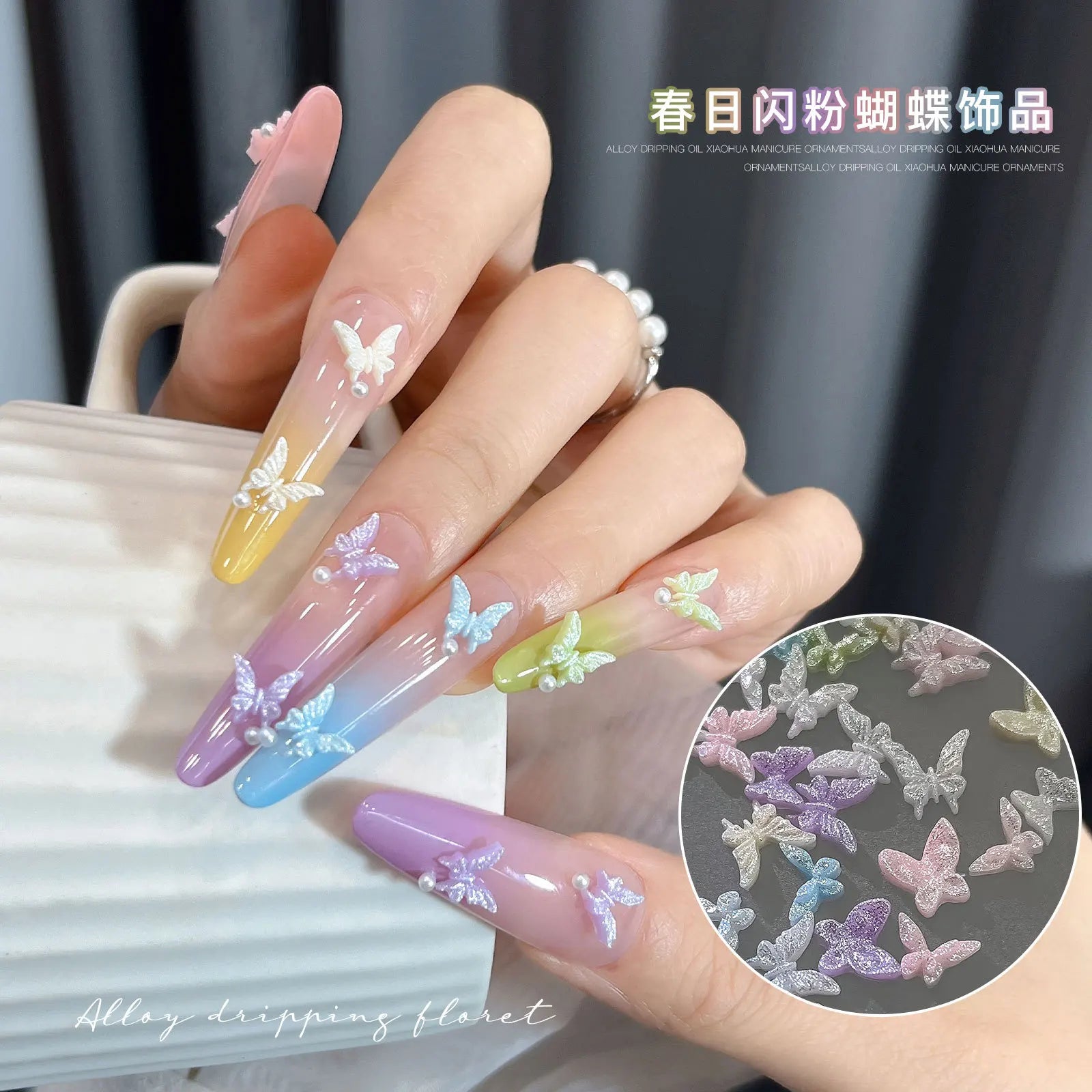 50pcs Glitter Butterfly Nail Charms, 3D Colorful Dopamine Butterflies Resin Nail Art Decorations, Flat Back Manicure Supplies Qme