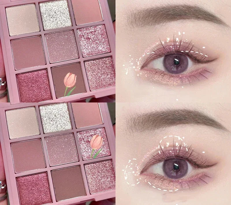 New Nine-color Eyeshadow Palette Rose Pink Color Pearly Matte Glitter Eyeshadow Pallete Shiny Eye Shadow Eye Pigments Qme