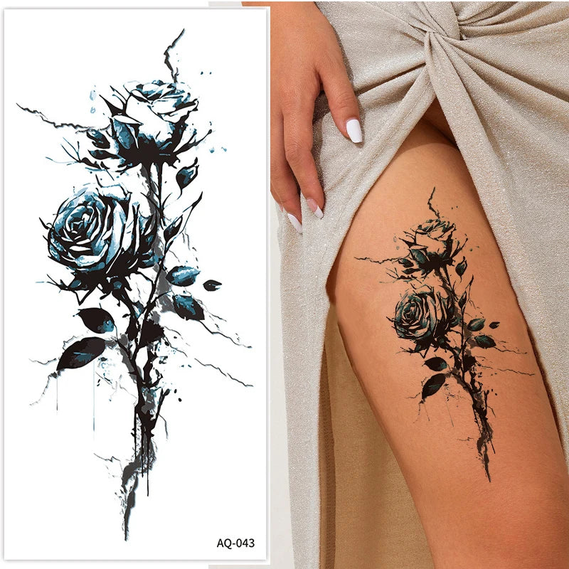 Blue Enchantress Rose Sexy Leg Realistic Tattoo Stickers, Colorful, Waterproof, Sweatproof, Disposable Temporary Stickers Qme