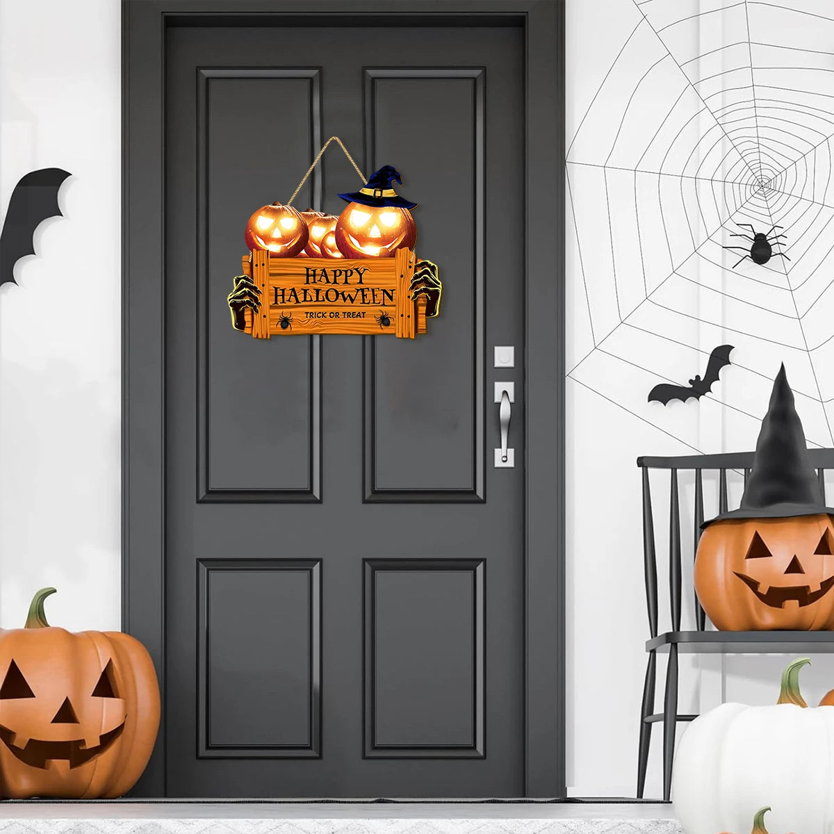 Halloween Wooden Wall Hanging Sign - "Happy Halloween Trick or Treat" Jack Pumpkin Skeleton Hand Decoration, Halloween decorate Qme
