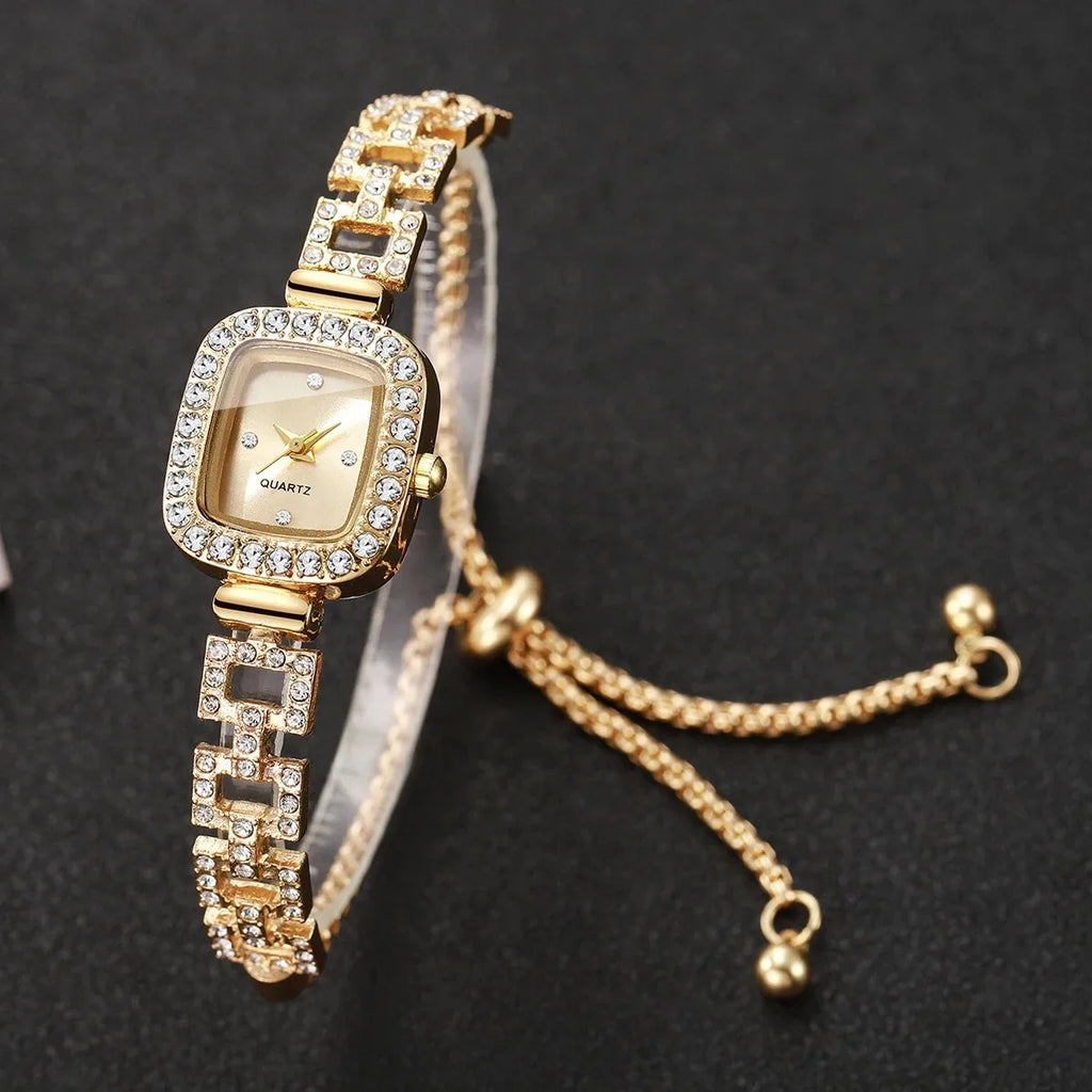 Luxury Gold Square Women Watch Bling Rhinestone Bracelet Quartz Wristwatch Elegant Ladies Dress Clock Reloj Mujer Without Box Qme