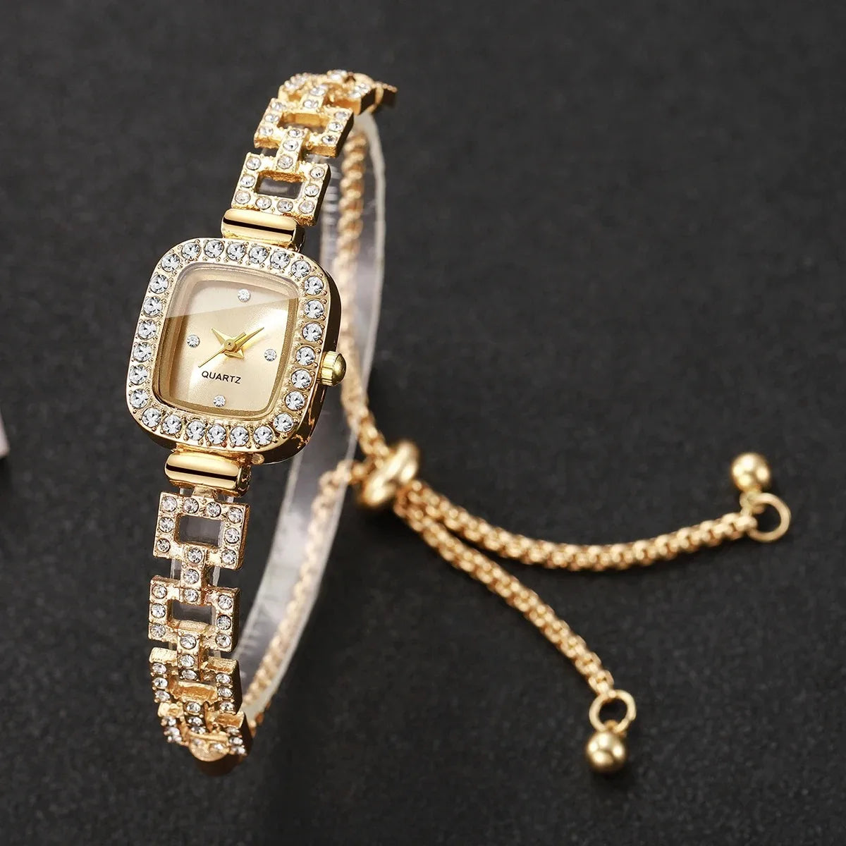 Luxury Gold Square Women Watch Bling Rhinestone Bracelet Quartz Wristwatch Elegant Ladies Dress Clock Reloj Mujer Without Box Qme