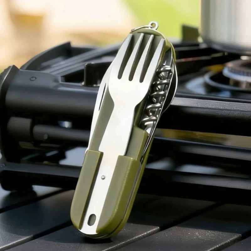 7 In 1 Stainless Steel Foldable Outdoor Tableware: Fork, Spoon, Knife for Picnic, Camping, Hiking, Travelling Qme