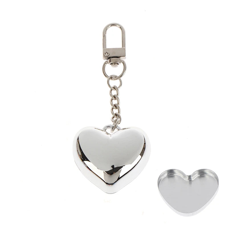 Heart-shaped Mini Empty Compact Mirror Aluminum Pan Keychain Blush Qme Silver Keychain