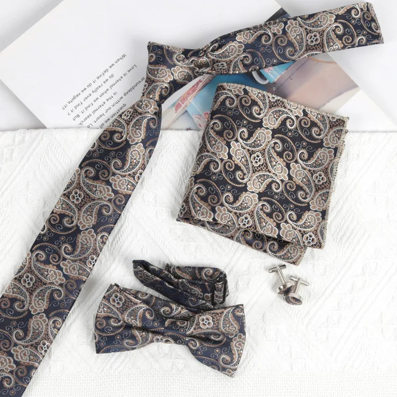 Luxury Tie Set Fashion Jacquard Paisley Necktie Bowtie Male Formal Cravat Cufflinks Gifts for Men Party Wedding Accessories Qme