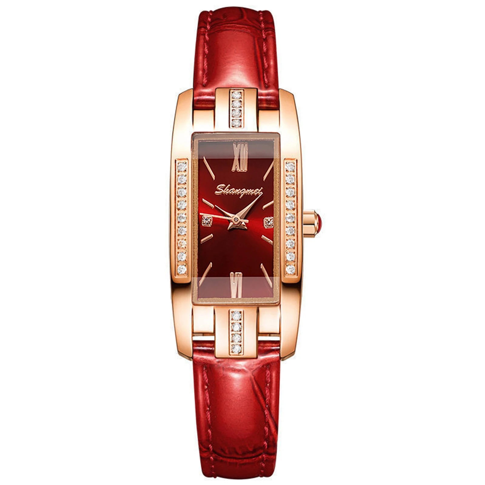 Small Rectangle Crystal Ladies Watch Rose Gold Roman Dial Glossy Leather Strap Women Elegant Dress Quartz Wristwatch Qme Bronze