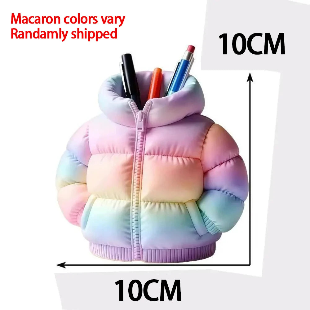 Down Jacket-Shaped Pen Holder Desktop Organizer for Stationery Makeup Brushes Home Office Shelf Decor, for Shool Gift Qme Rainbow 10x10CM
