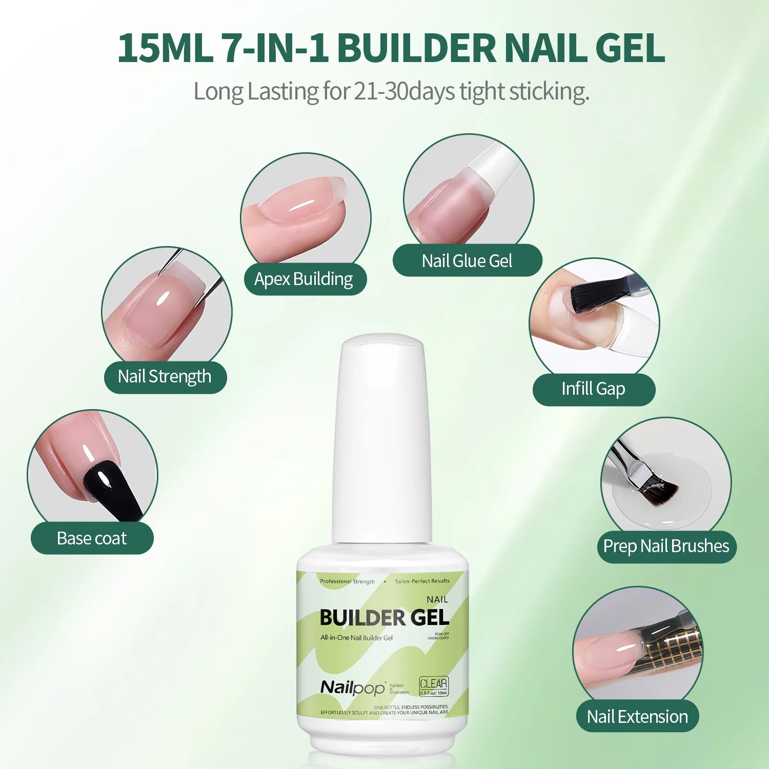 Nailpop 7-in-1 Builder Nail Gel Fast Building Polish Clear White Pink Qme