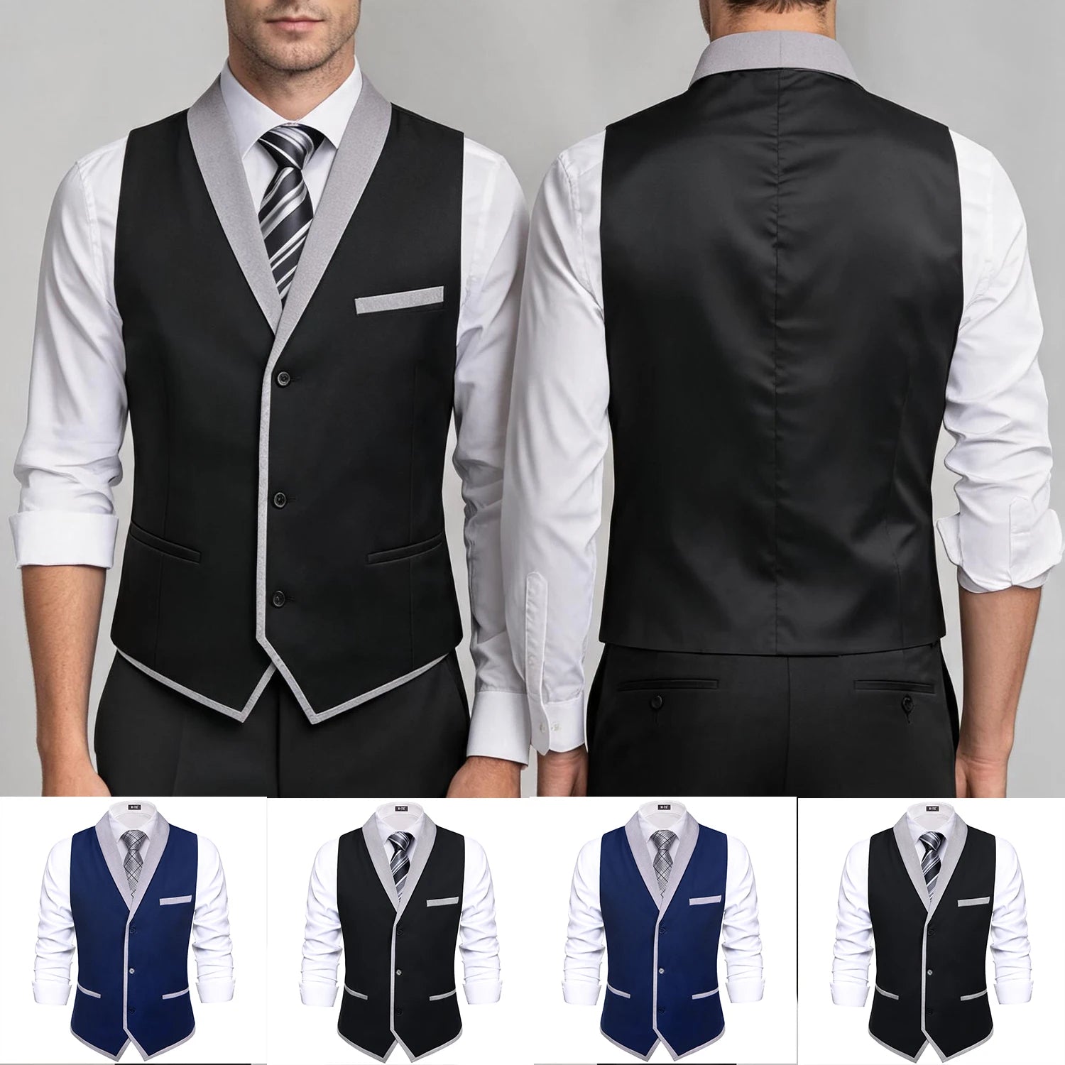 Lapel Waistcoat with Tie Pocket Square Cufflinks Sleeveless Vest Formal Casual For Daily Business Party Wedding Black Blue Qme