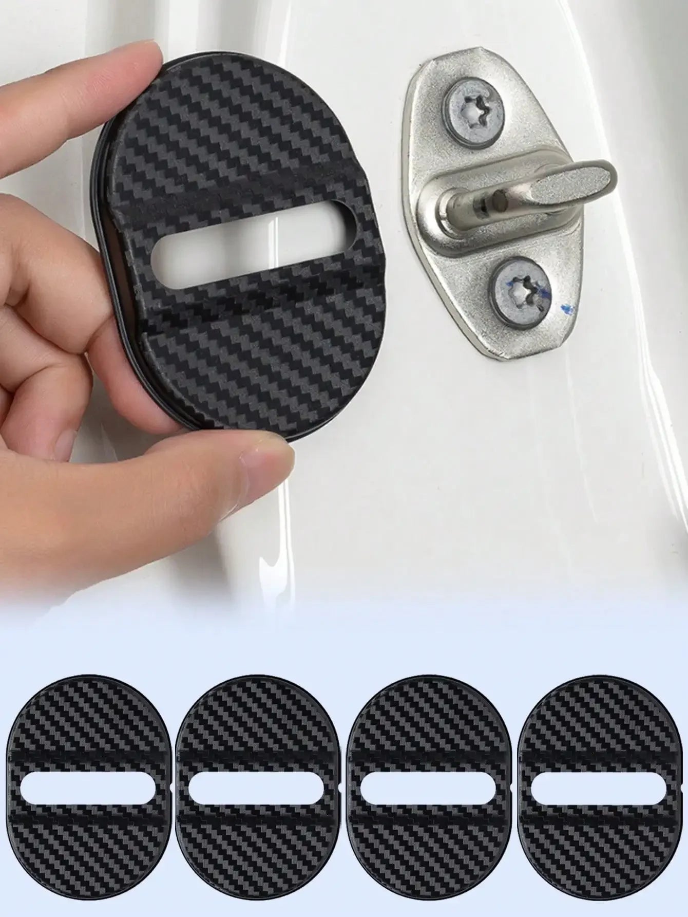 4Pcs Carbon Fiber Door Lock Covers – Universal Shock-Absorbing, Noise-Reducing, Rainproof, Easy Peel & Stick Fit for Sedans/SUVs Qme black-4pc