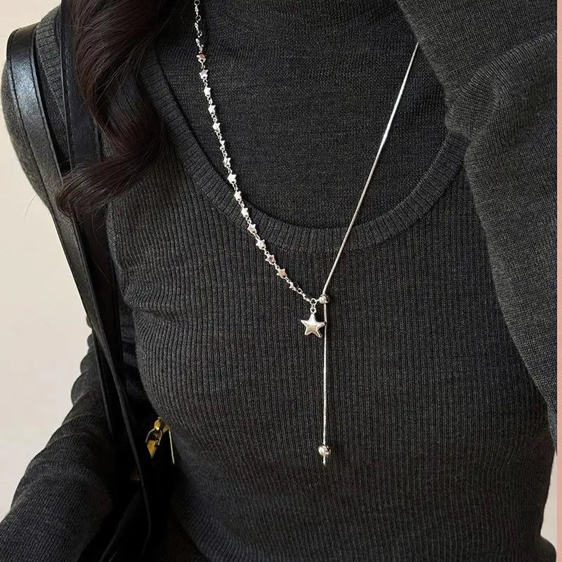 Silver Color Asymmetrical Star Pendant Adjustable Snake Chain Necklace For Women Qme