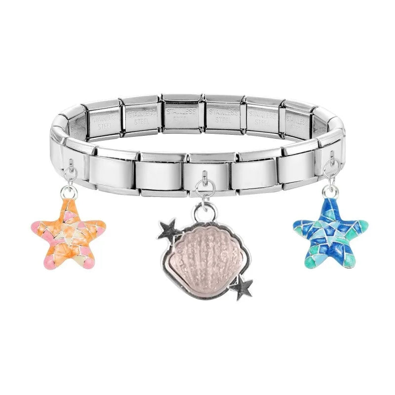 2025 Shiny Zircon Shells Starfish Conch Blue Italian Charm Links Fit 9mm Stainless Steel Bracelet Women Jewelry DIY Making Gifts Qme