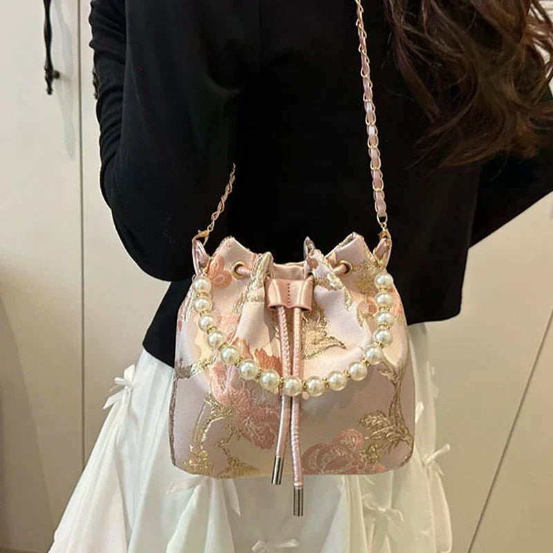 Pearl Chain Bucket Bag Women's Shoulder Bag Simple New Chinese Style Retro Crossbody Bag Qme