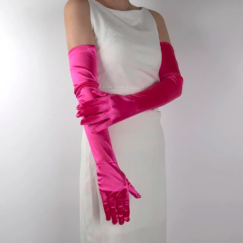 Ladies Satin Long Mitten Stage Performance Multicolor Women Black Qme