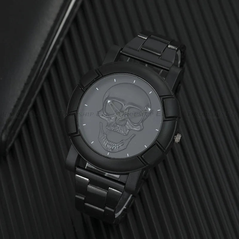 Men's Quartz Watch, Black and Gold Dial, 3D Skull Head Pattern, Stainless Steel, Steampunk Rock Engraved, Men's Watch Qme