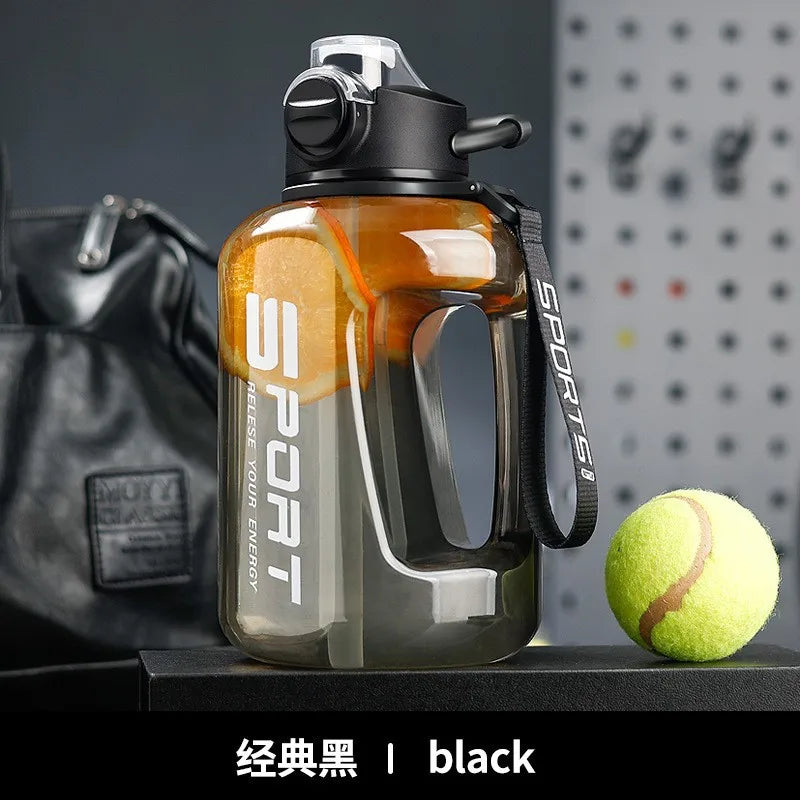 Extra Large Capacity Sports Fitness Straw Water Bottle Qme black