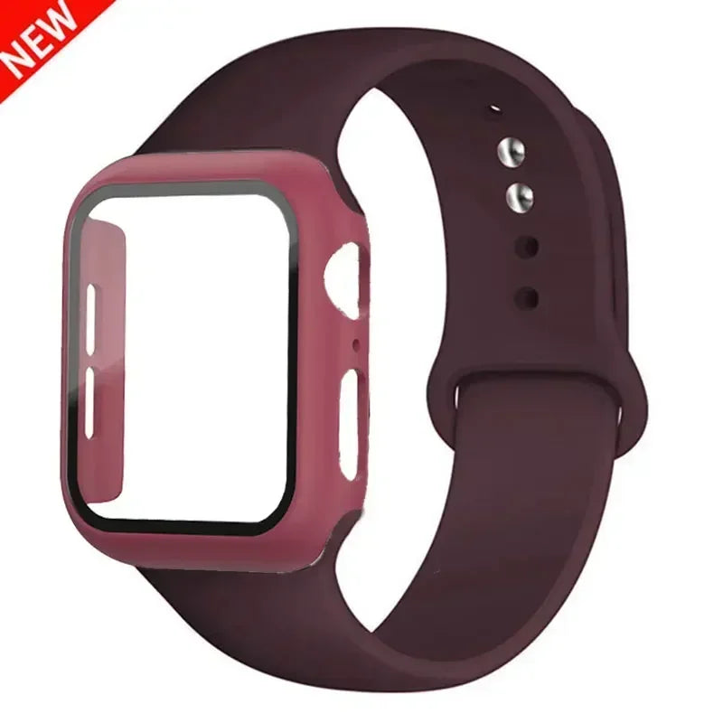Glass+Case+Strap for Apple Watch Band 45mm 44mm 41mm 40mm 38mm 42mm Screen Protectors for Apple IWatch Series 9 8 7 6 SE 5 3 4 Qme