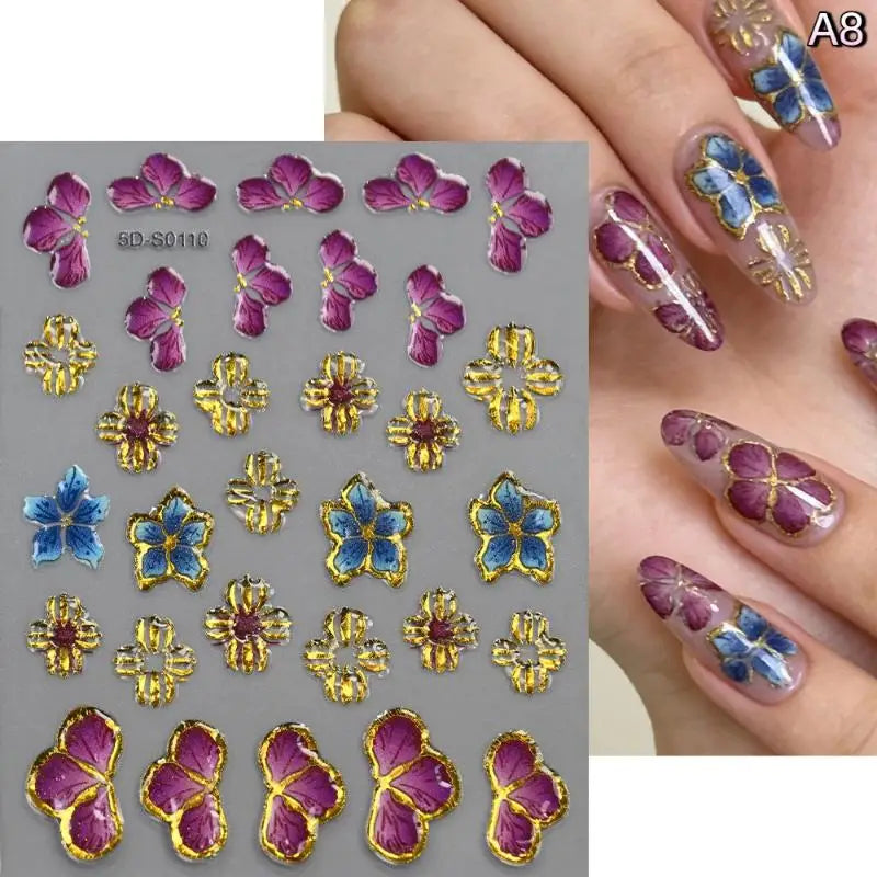 Blossom Floral Nail Stickers Bronzing 5D Spring Summer Petal Qme A8