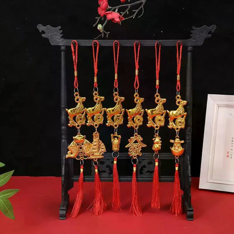 Chinese New Year 2027 Goat Hanging Ornaments Gold Lucky Design Red Tassels For Spring Festival Home Wall Decor Qme