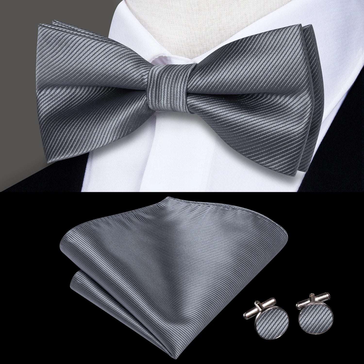 Hi-tie Silk Mens Striped Bow Tie Royal Blue Red Hanky Cufflinks