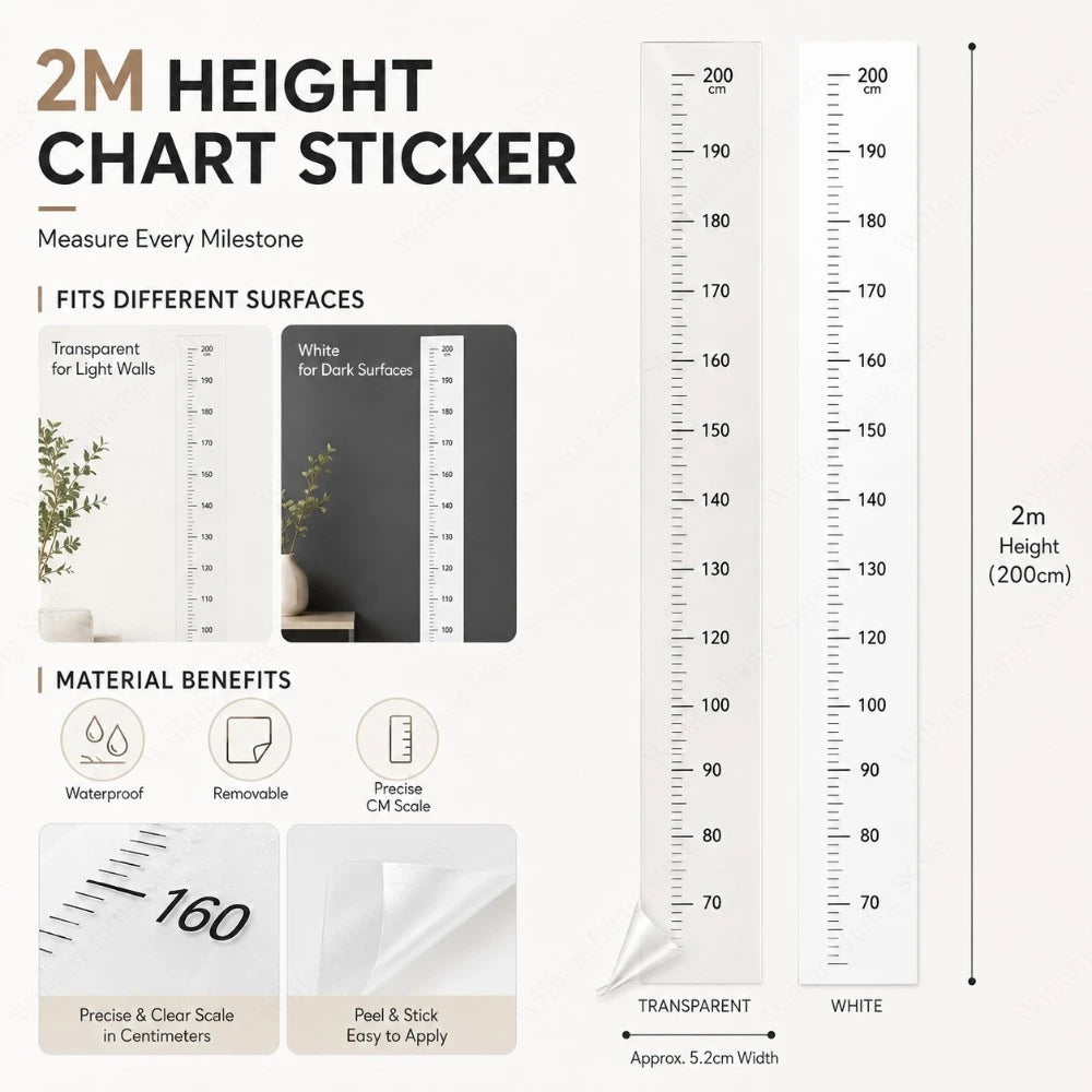 2m Writable PVC Wall Height Measuring Sticker Removable Self Adhesive Decor For Household Space Body Height Recording Qme