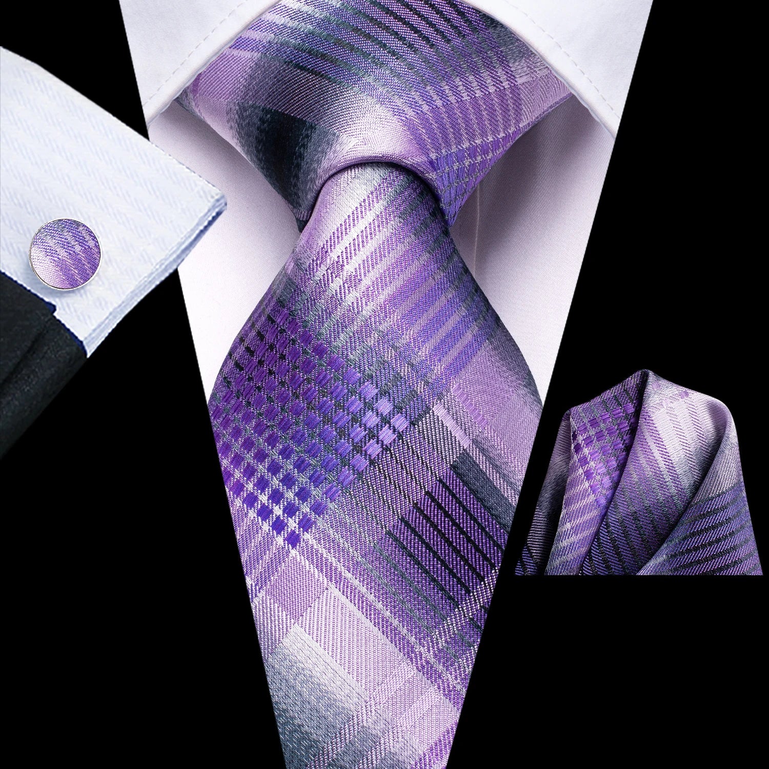 Hi-Tie 3pcs Mens Tie Purple Floral Stripes Solid Necktie Pocket Square Cufflinks Set Wedding Formal Casual Office Party Qme LDSN3468