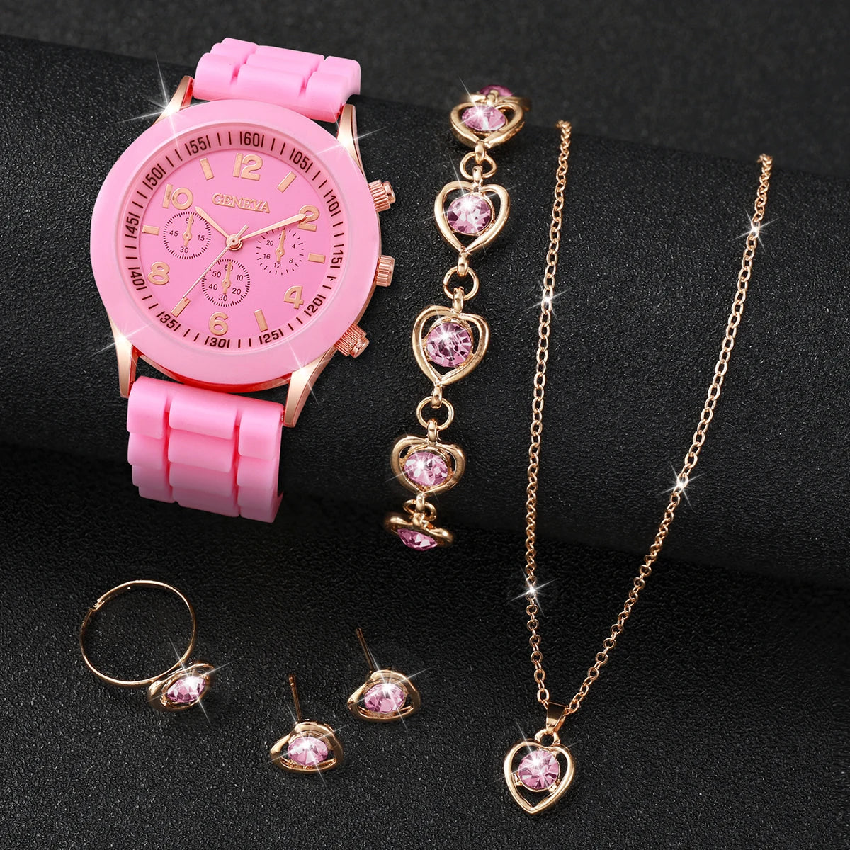 5Pcs Heart Crystal Watch Jewelry Set Women Geneva White Silicone Chronograph Quartz Wristwatch Matching Heart Jewelry Gift Qme Bronze