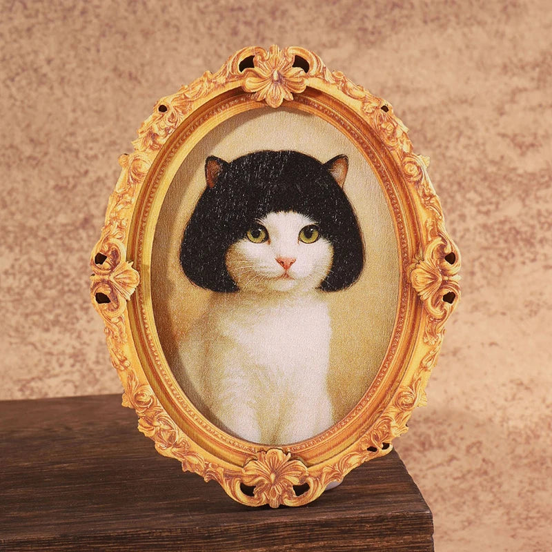Mini Oval Retro Wooden Photo Frame Fridge Magnet Funny Cat Haircut Qme A2