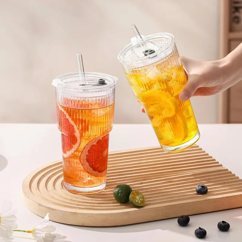 400/600ML Striped Glass Coffee Cup Transparent Drinking Cup with Lid and Straw Large Capacity Juice Iced Coffee Cup Drinking Cup Qme