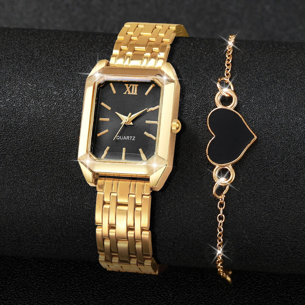Simple and versatile square quartz watch exquisite i steel strip fashionable quartz watch fashionable student watch+heart set Qme
