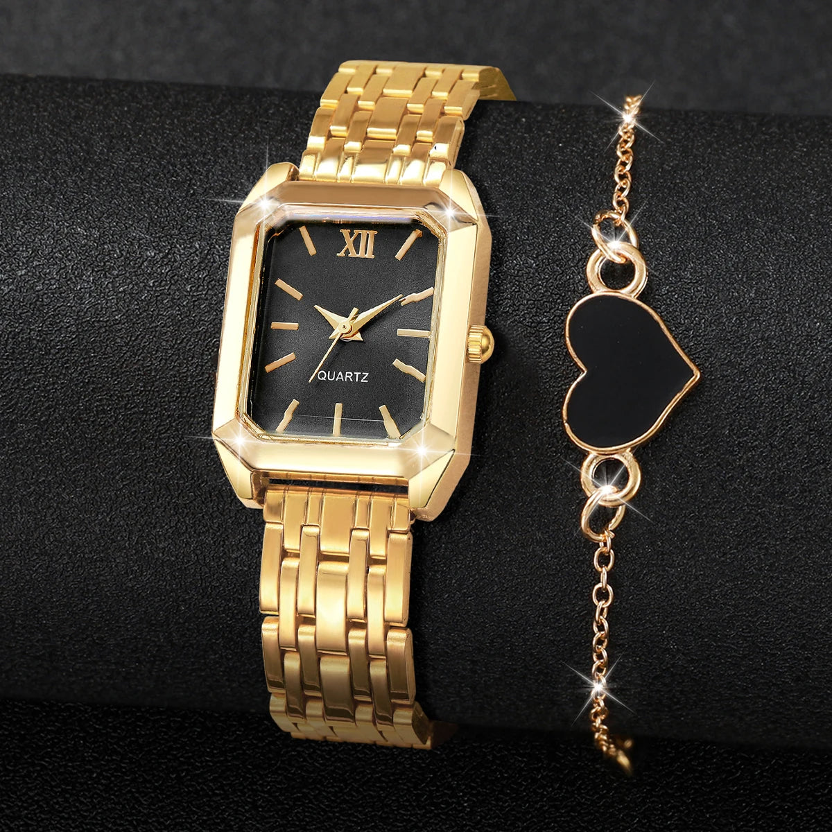 Simple and versatile square quartz watch exquisite i steel strip fashionable quartz watch fashionable student watch+heart set Qme