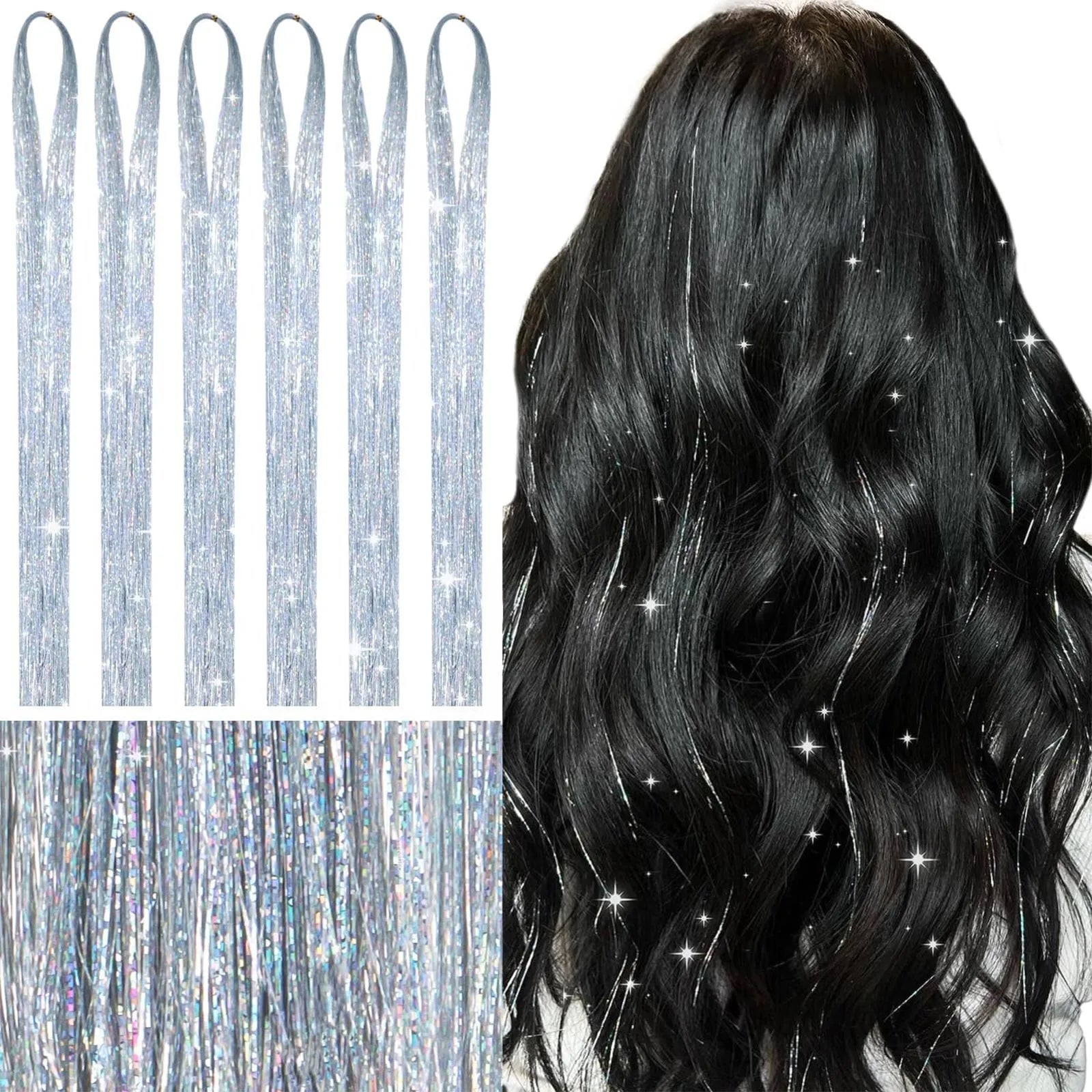 Sparkle Hair Tinsel Synthetic Rainbow Colored Strands Girls Headwear False Hair Extensions Decor Glitter Stage Performace Props Qme D