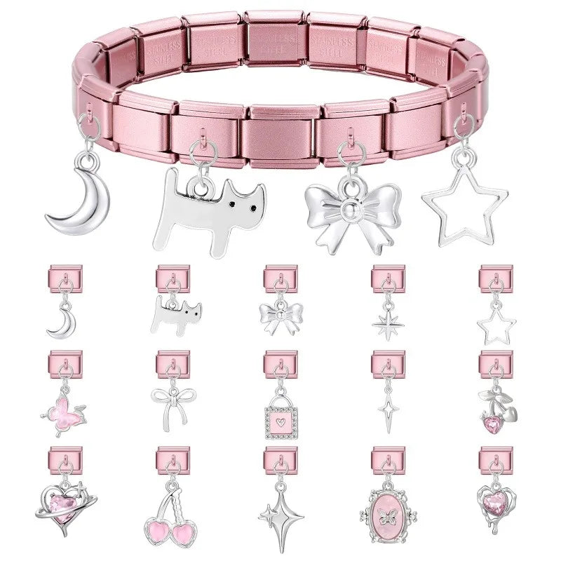 2026 Sweet Cute Cat Heart Zircon Butterfly Moon Star Pendant Italian Charm Links Fit 9MM Stainless Steel Bracelet DIYMaking Gift Qme