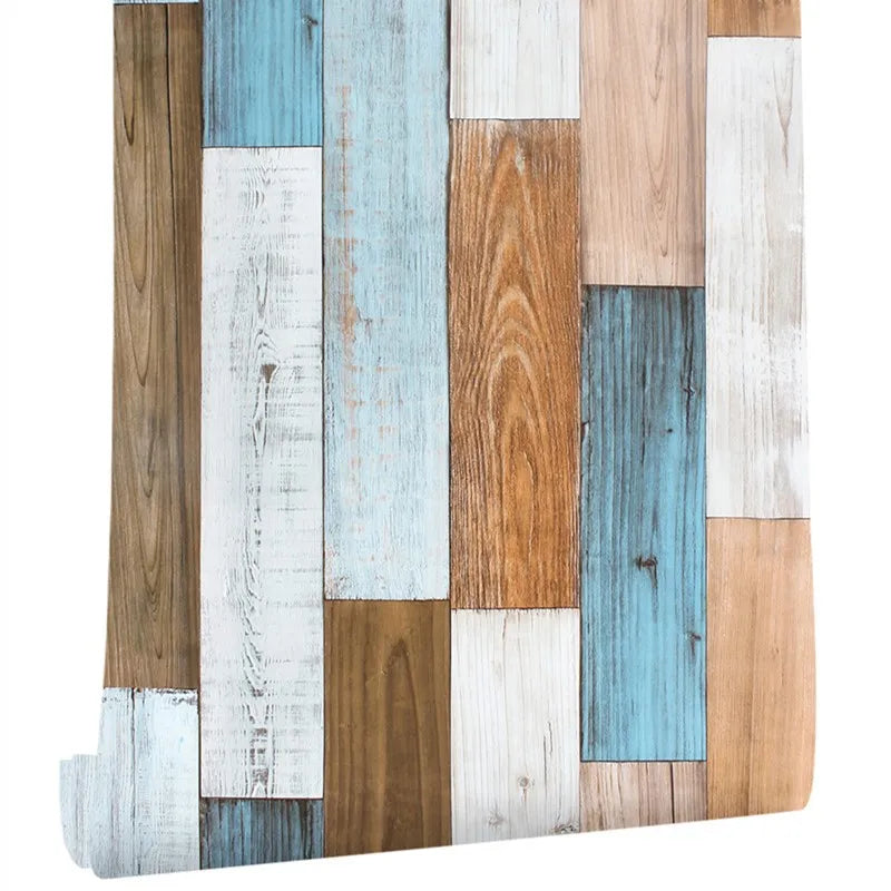 Blue Distressed Wood Wallpaper Thickening Vinyl Self-adhesive Qme Blue wood grain 500cmx45cm