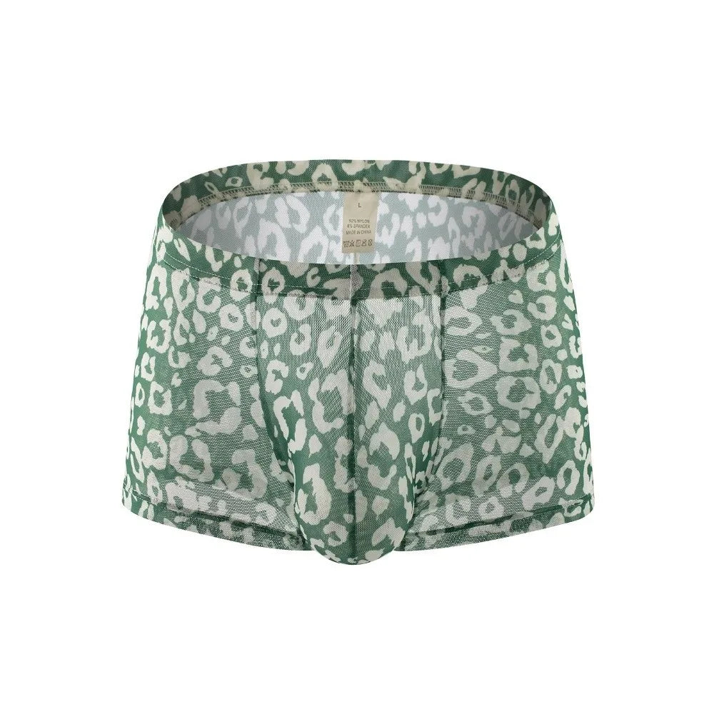 Breathable Leopard Print Men's Boxer Briefs Thin Flat Pants Mesh Qme Dark Green L