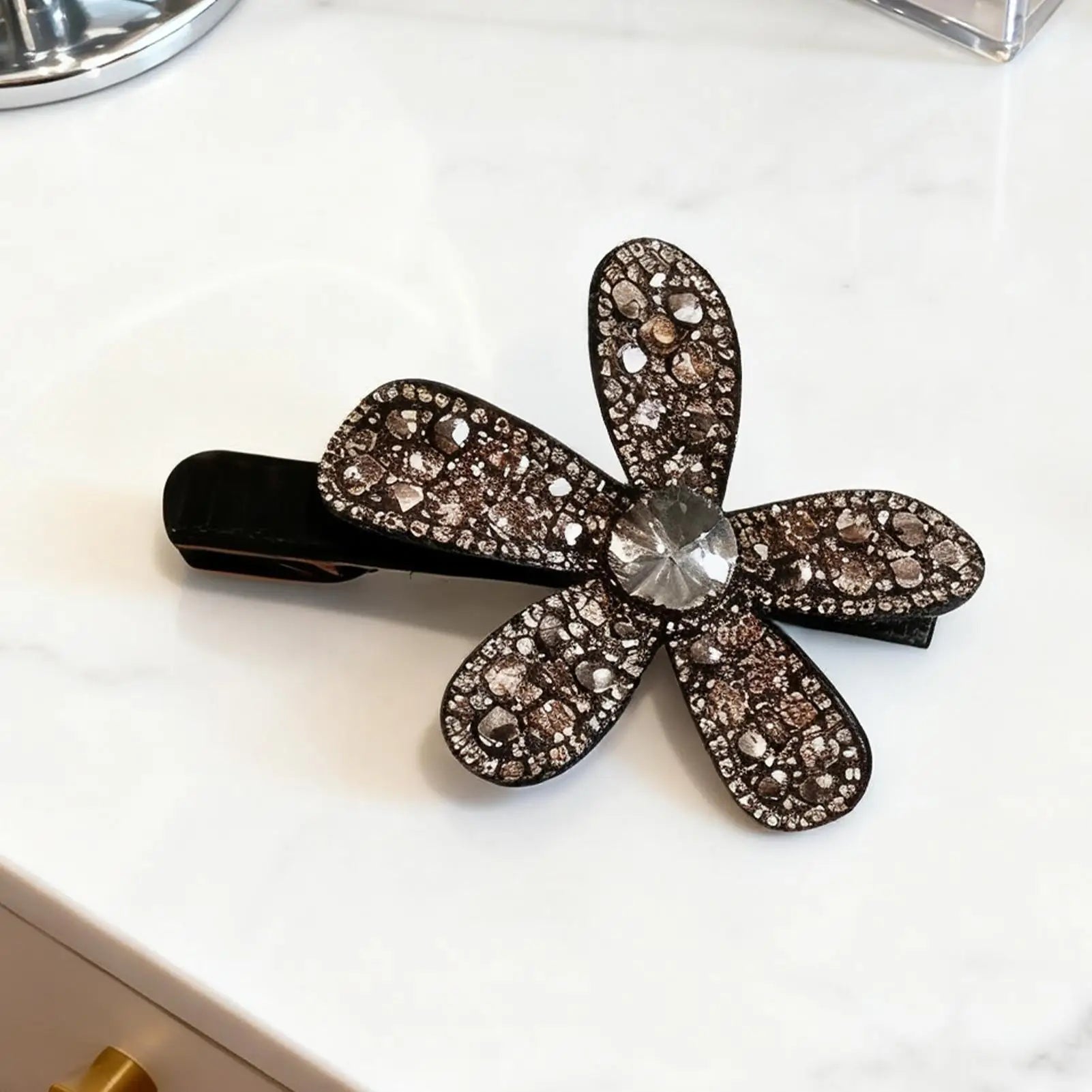 Flower Sparkling Rhinestone Hair Clip Vintage Metal Duckbill Hairpin Qme