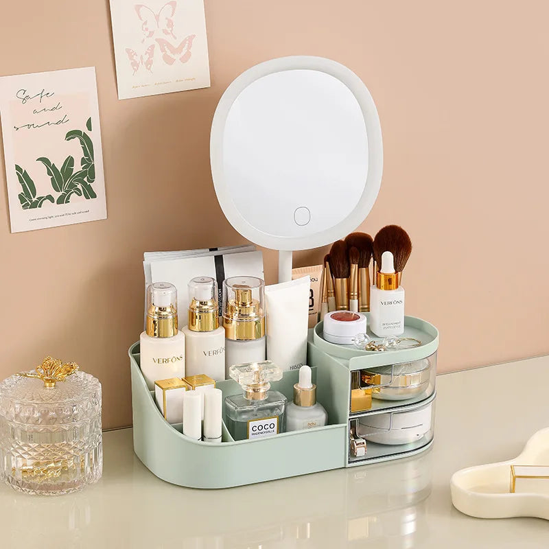 Makeup Storage Box With Mirror Desktop Dressing Table Makeup Mirror Cosmetics Jewelry Storage Box Touch Light Storage Organizer Qme MMatchaGreenwithMirr
