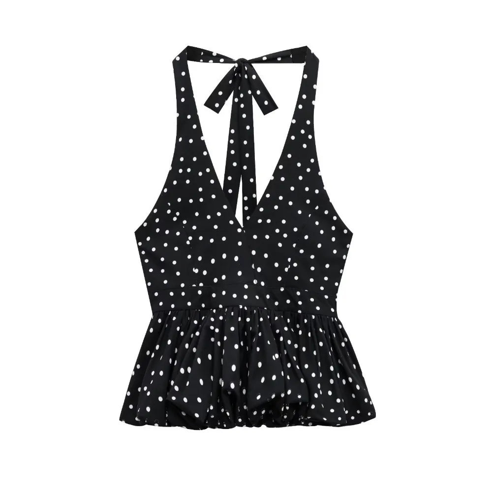 Fashion Sleeveless Women Crop Pleated Y2k Lace-up Dots Camisole Beach Qme A L