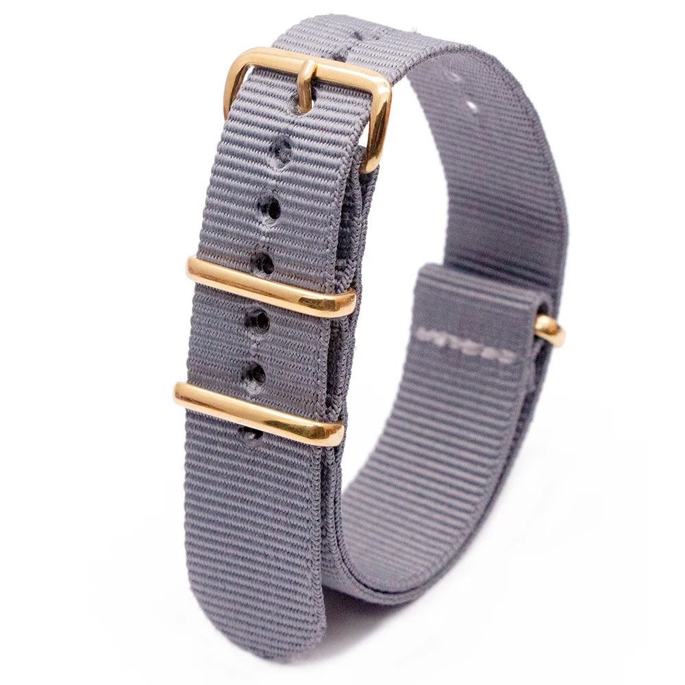 Hot Selling Gold Square Buckle Nylon Four Colors Watch Strap Fashionable Wear Resistant Watch Striped Bracelet Nice Watch Strap Qme Gray 24 mm