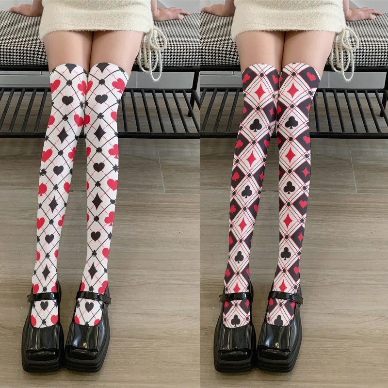 Fashionable Poker Pattern Thigh Stockings Ladies Sexy Love Plaid Qme