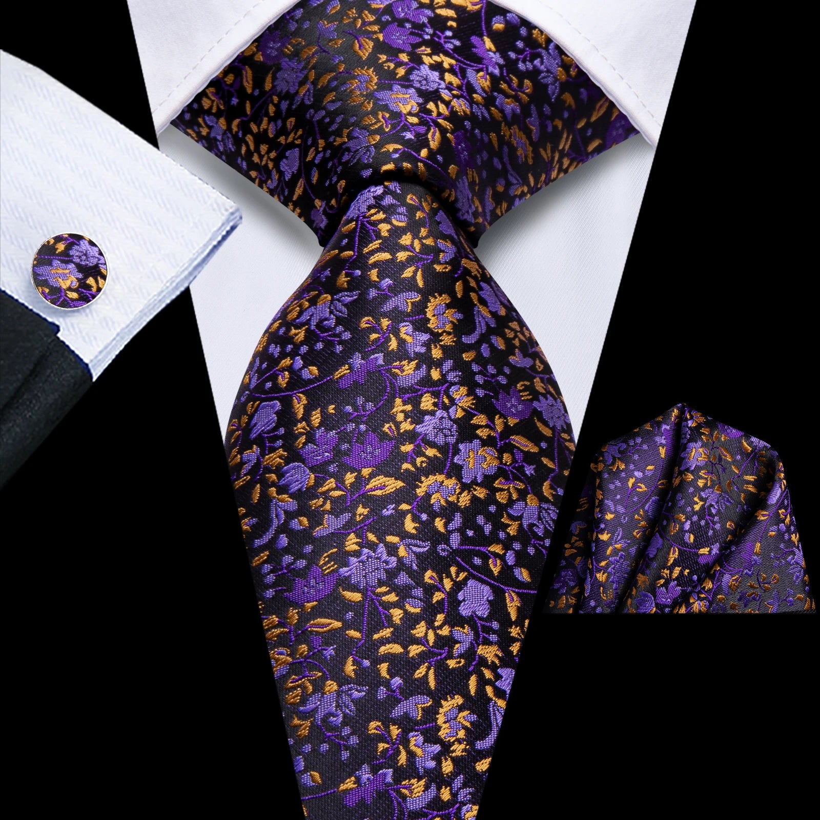 Hi-tie Mens Pink Purple Green Floral Wedding Necktie Handkerchief Qme HT-N-0173