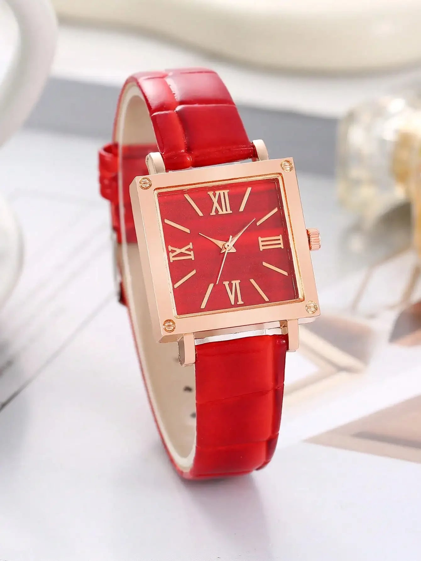 4Pcs Women Red Cherry Jewelry Watch Set, Square Roman Dial Red Leather Quartz Watch + Red Crystal Necklace Earrings Bracelet Kit Qme