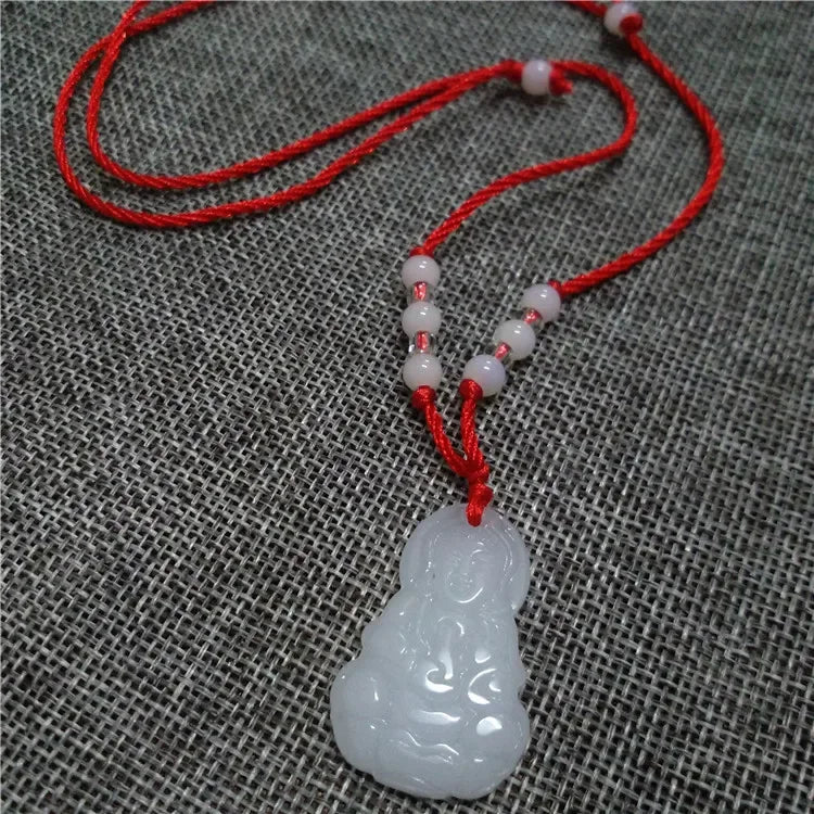 2024 Buddhist White Jade Hand Woven Pendant Necklace Lotus Guanyin Buddha Long Life Lock Pendant Lucky Religious Necklace Qme guanyin 45-65CM WHITE