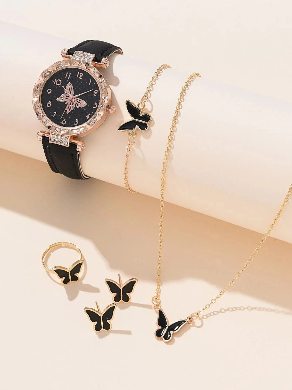 Casual fashion big black butterfly ladies quartz watch and alloy butterfly set every day dress gift Qme